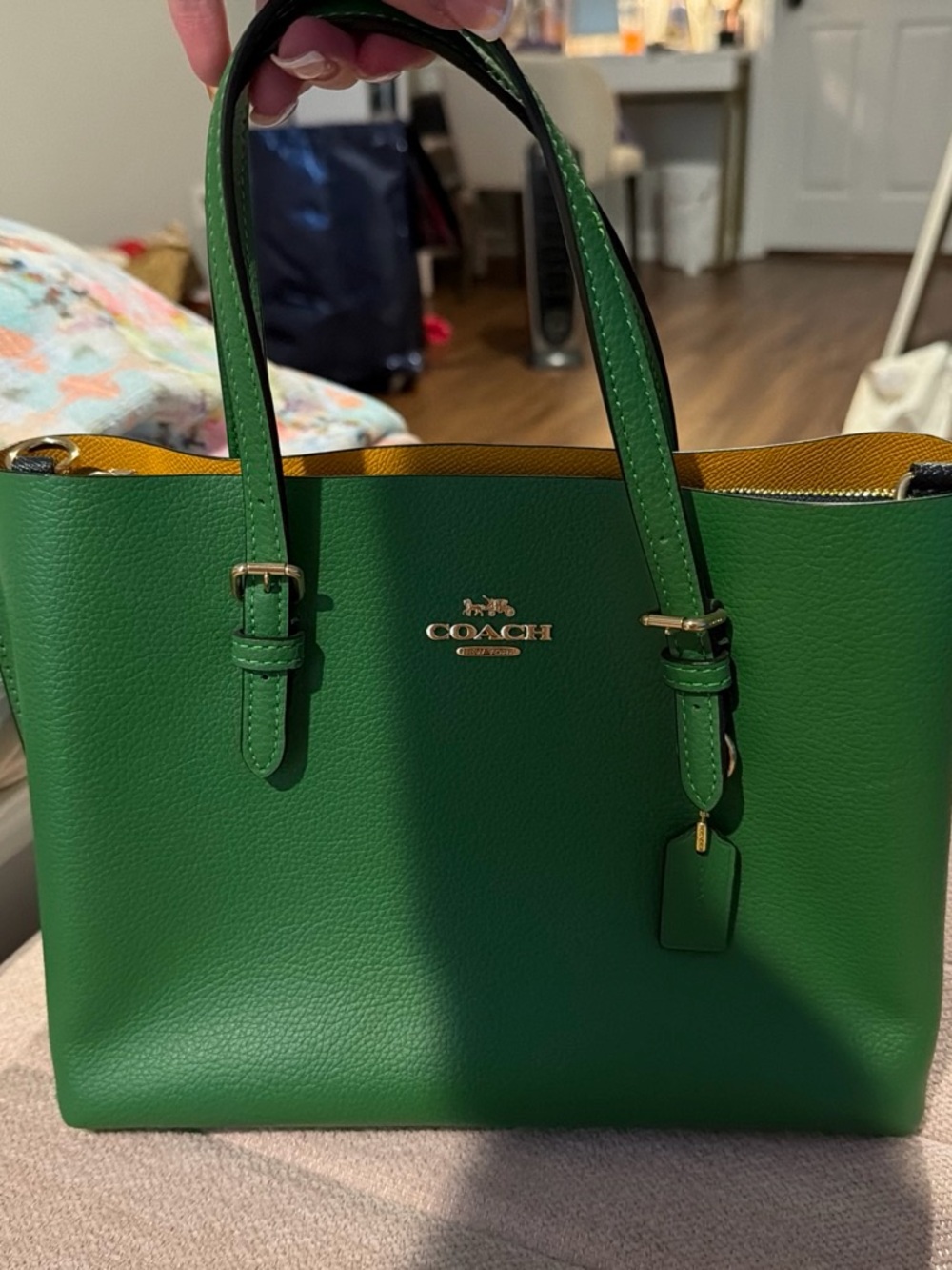 Coach Green Leather Tote with Yellow Interior and Gold Hardware